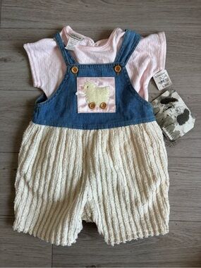 Cachcach 2-piece set features denim and corduroy overalls duck appliqué NWT